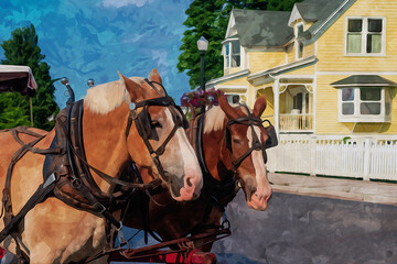 Digitally created watercolor painting of Pair of horses pulling a carriage on Mackinaw Island