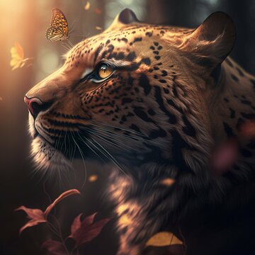 Beautiful imagery of  a leopard in the forest. Close up shot. Butterflies flying around and photogenetic. 