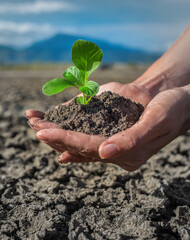 Female hands holding tree growing on cracked earth,environmental problems,love nature,growing tree on crack ground
