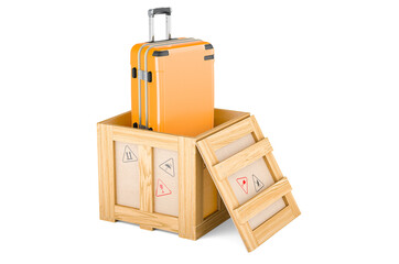 Luggage inside wooden box, delivery concept. 3D rendering