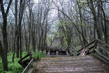 Fototapeta premium An old wooden bridge with broken chaff and broken railings. An ancient bridge from the mountain in the village of Baliko-Schuchinka. Ukraine