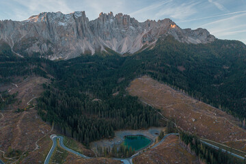 Dolomite mountain landscapes, Aerial view over the Lago di Carezza in Dolomite Alps, Italy