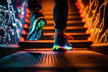 A close-up of shoes with a RGB neon-lit sole on a person walking up an orange-lit staircase in a club with neon-colored walls, seen from behind, generative ai