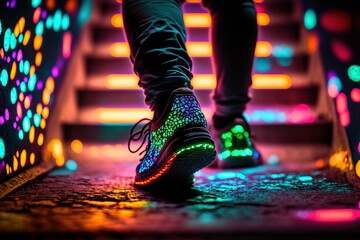 Close-up of colorful neon-lit sneakers on a person's feet as they walk towards an orange-lit staircase with colorful neon-lit walls, backview, generative AI
