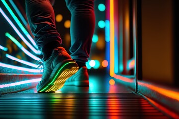 A close-up of a person's leg and neon-colored sole sneakers standing in a brightly lit neon street, backview, generative ai
