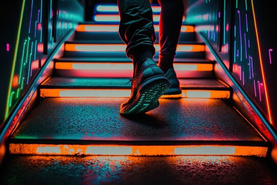 A Person Walking Up A Brightly Lit Orange Staircase In A Disco, With Colorful Neon Lights On The Walls, Seen From Behind, Generative Ai