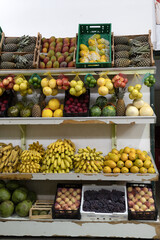 Assorted fruit in a tropical market in South America featuring banana, papaya, mango, coconut, pineapple and other items in shelves, real life composition, typical moms and pops store  