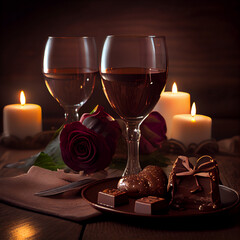 Wine, candles and chocolate, Valentine's Day