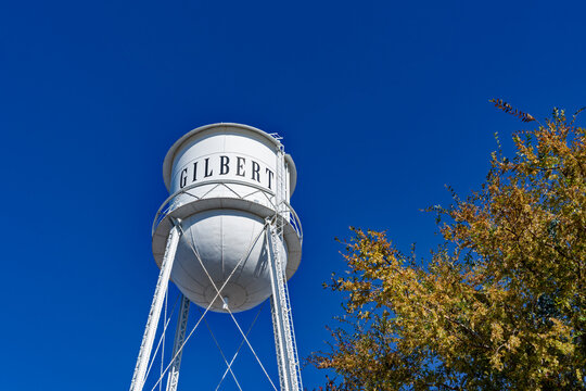 Gilbert, AZ - Nov. 26, 2022: The Gilbert Water Tower, originally built in 1927, is located in the  Gilbert Heritage District.