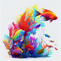 Colorful isolated fish underwater with corals. AI generative.