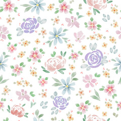 Watercolor, seamless pattern with delicate, wildflowers. Romantic, floral pastel background.