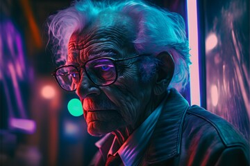 A neon-lit wise man with glasses, generative ai