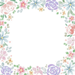 Fototapeta na wymiar Cute, floral frame with pastel spring flowers on white background. Romantic, vintage frame with watercolor flowers.