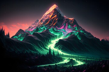 A neon-lit mountain with an avalanche, generative ai