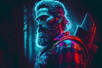 A colorful neon-lit portrait of a lumberjack on a dark background, generative ai 