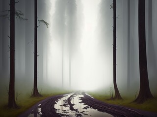 swampy road, in the middle of a forest surrounded by white mist, dark road