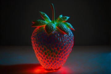 A neon-lit strawberry on dark background, generative ai