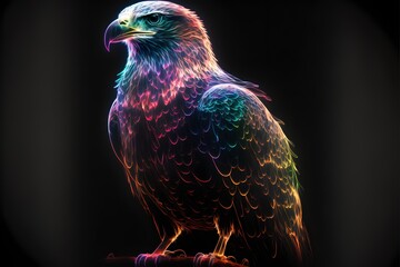 A neon-lit colorful eagle on a dark background, generative ai 