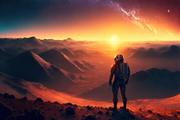 Fototapeta na wymiar Astronaut standing on mars watching the sunset, red earth, starlight, missing home