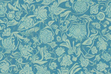 Tillable blue color tones organic flower-like figures over turquoise flat background seamless wallpaper. Generative AI