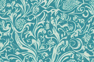 Tillable white organic flower-like figures over turquoise flat background seamless wallpaper. Generative AI