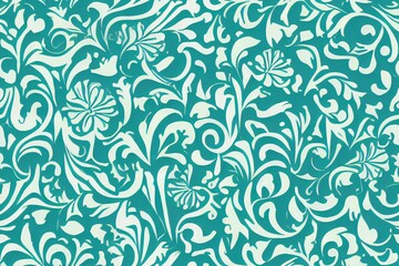 Tillable white organic flower-like figures over turquoise flat background seamless wallpaper. Generative AI