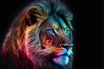 A neon-lit portrait of a lion, generative ai