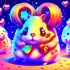 beautiful AI-generated illustration of a little mouse surrounded by hearts and lots of colors