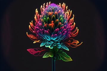 A neon-lit colorful exotic flower on a dark background, generative ai