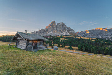 Dolomite mountain landscapes at sunrise,  Passo delle erbe in Dolomite Alps, Italy