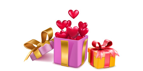 Valentine's Day illustration with colored gift boxes tied with ribbons with a bows, and a lot of red hearts flying out of open box, on white background