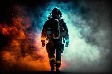 Fireman in full gear at night walking towards flames and smoke by generative AI