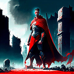 illustration of a super hero with red cape, standing on the street of a destroyed city, dark style