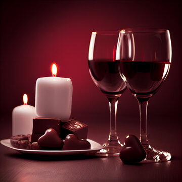 wine and candles, Valentine's Day, digital illustration generative AI