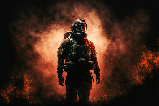 Fireman in full gear at night walking in front of  flames and smoke by generative AI