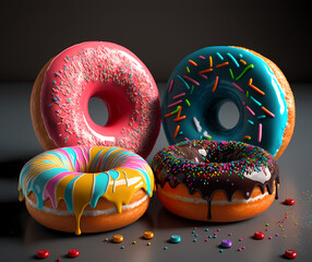 Donuts with sprinkles,delicious,tasty,yummy,colorful donuts,generative ai