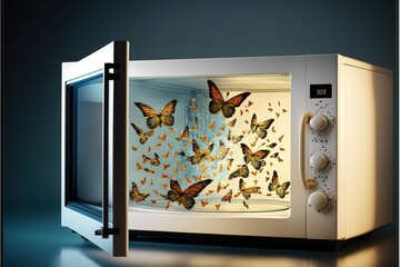 Butterflies flying out of the microwave copy space, concept of good food from microwave, created with Generative AI technology