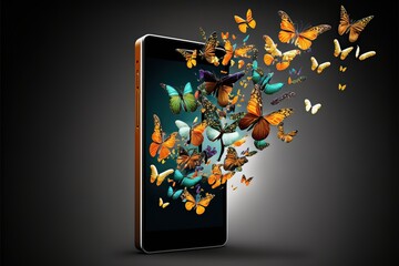 Butterflies flying out of the smartphone laying dow, concept of good experience with telephone, created with Generative AI technology