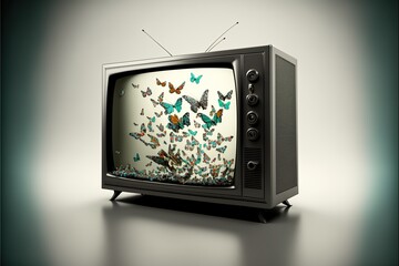 Butterflies flying out of the television copy space, concept of good tv programs, educational content, created with Generative AI technology
