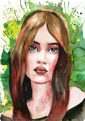 Watercolor portrait of a woman on a green background, hand-painted
