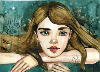 Watercolor, fanciful portrait of a girl on a turquoise background, hand-painted.