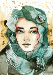 Watercolor, fantasy portrait of a woman on a brown background, hand-painted