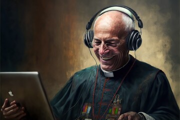 Happy priest listening to music with headphones, created with Generative AI technology