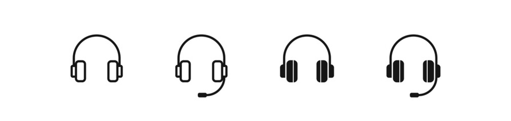 Headphone icon. Listen to the music symbol. Headset signs. Microphone and earphone symbols. Podcast speaker icons. Black color. Vector sign.