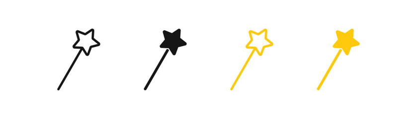Wand icon. Magic stick symbol. Fairy signs. Star symbols. Miracle tool icons. Black and yellow color. Vector sign.