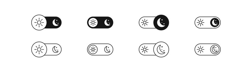 Day, night switch icon. Dark or light mode symbol. Toggle button signs. Theme sun off symbols. Slider interface icons. Black color. Vector sign.
