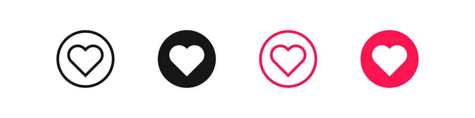 Heart in the circle icon. Love symbol. Like signs. Button favorite symbols. Shapes hearts icons. Black and red color. Vector sign.