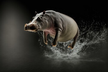 Jumping hippopotamus copy space, concept of elegance of large animals, created with Generative AI technology - obrazy, fototapety, plakaty