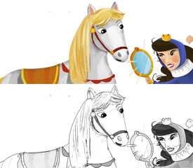cartoon princess queen with her friend horse illustration