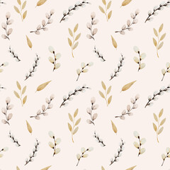 Blooming fluffy willow branches seamless pattern